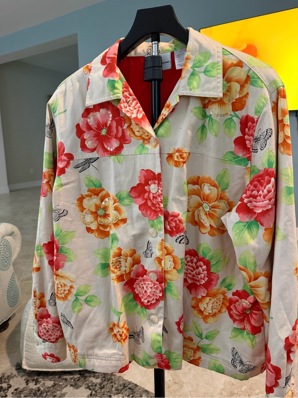 Alfred Dunner Cream Jean Jacket with Red & Orange Floral Print
